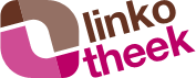Het logo van De Linkotheek, woordbeeld in paars en bruin tinten